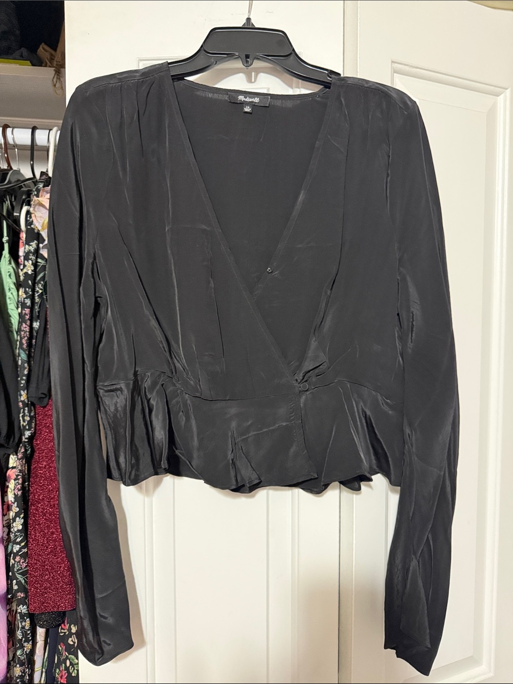 Madewell Black Silk-Like Wrap Peplum Blouse